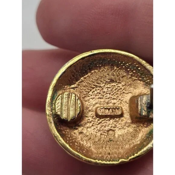 Vtg ROMAN COUTURE Black Enamel Rhinestone Cabochon Round Gold Tone Earrings - Picture 6 of 8